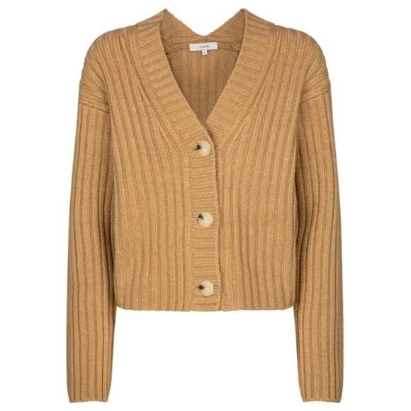 Vince Women Tan Chunky Ribbed Knit Wool & Cashmere Cardigan Sweater Size L - Picture 2 of 6